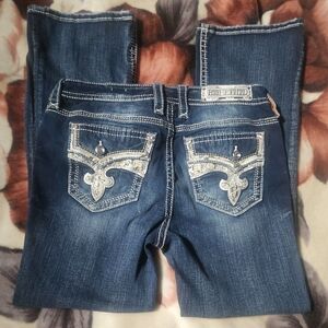 Rock Revival Dark Blue Boot Cut Jeans with Silver Accents
